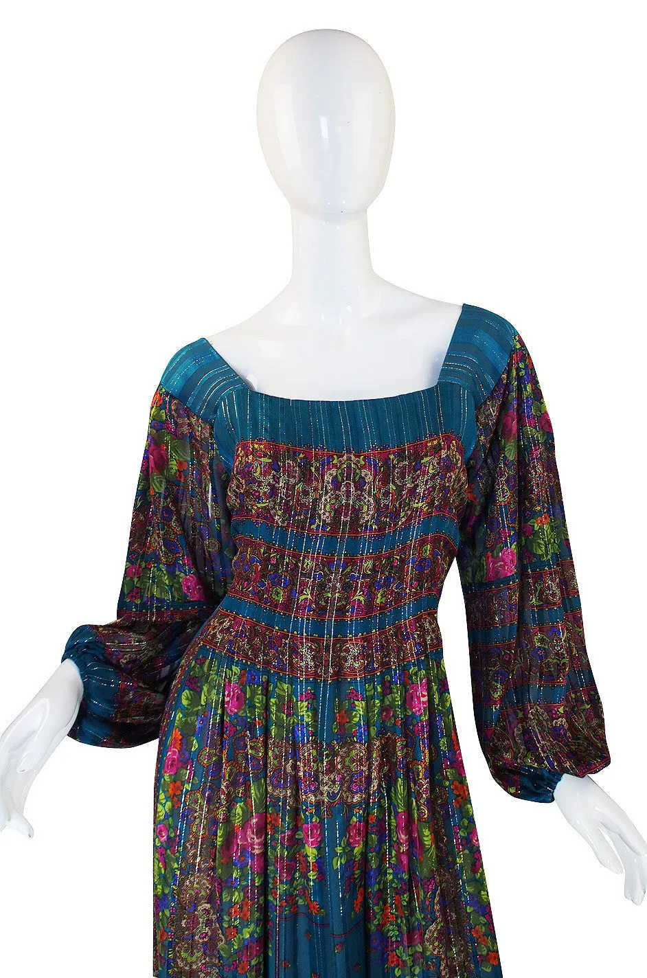 1970s Silk Chiffon Blue & Gold Trigere Gown