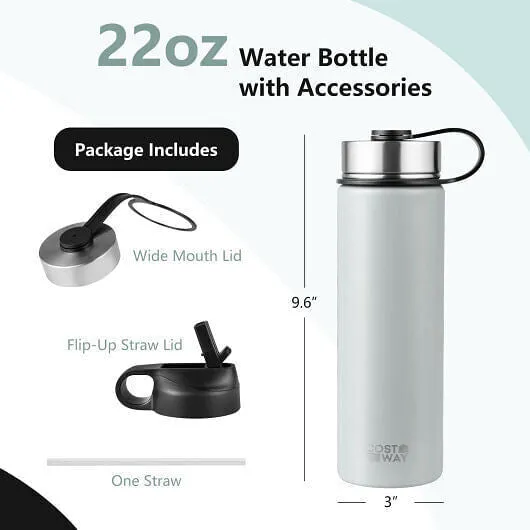 22 Oz Double-walled Insulated Stainless Steel Water Bottle with 2 Lids and Straw