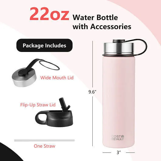 22 Oz Double-walled Insulated Stainless Steel Water Bottle with 2 Lids and Straw