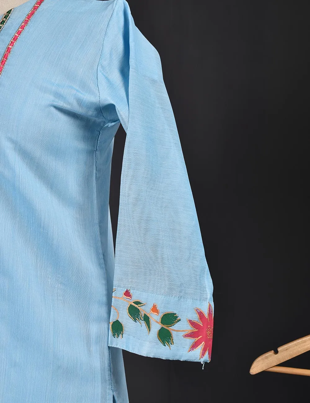 3 Pc Stitched Paper Cotton Chikankari Embroidered Dress with Beautiful Printed Borders - Charismatic Vibes (RTW-6-GreyishBlue)