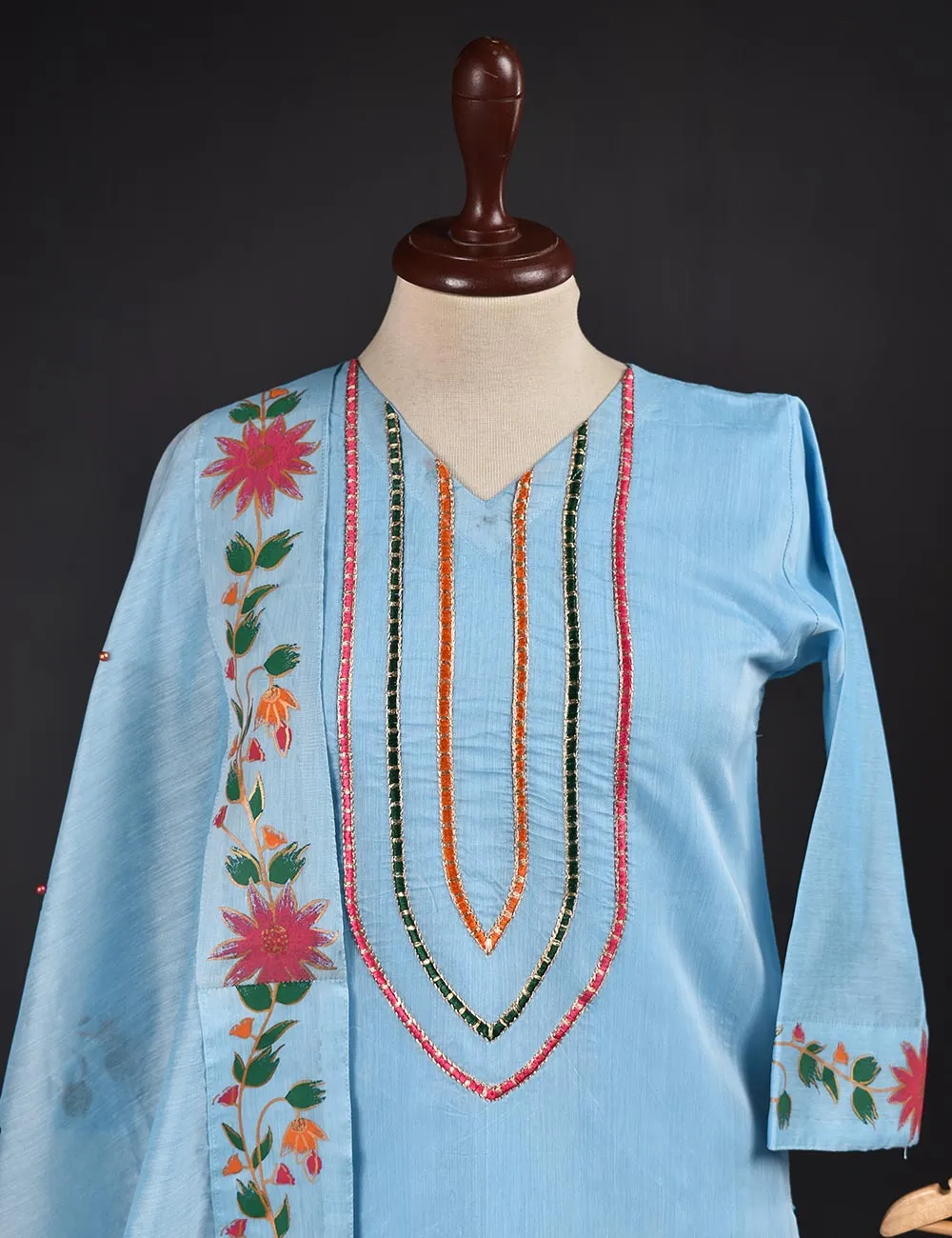 3 Pc Stitched Paper Cotton Chikankari Embroidered Dress with Beautiful Printed Borders - Charismatic Vibes (RTW-6-GreyishBlue)