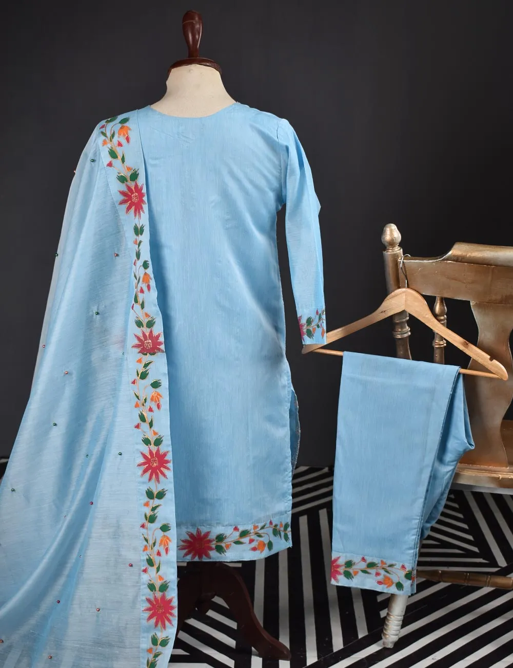 3 Pc Stitched Paper Cotton Chikankari Embroidered Dress with Beautiful Printed Borders - Charismatic Vibes (RTW-6-GreyishBlue)