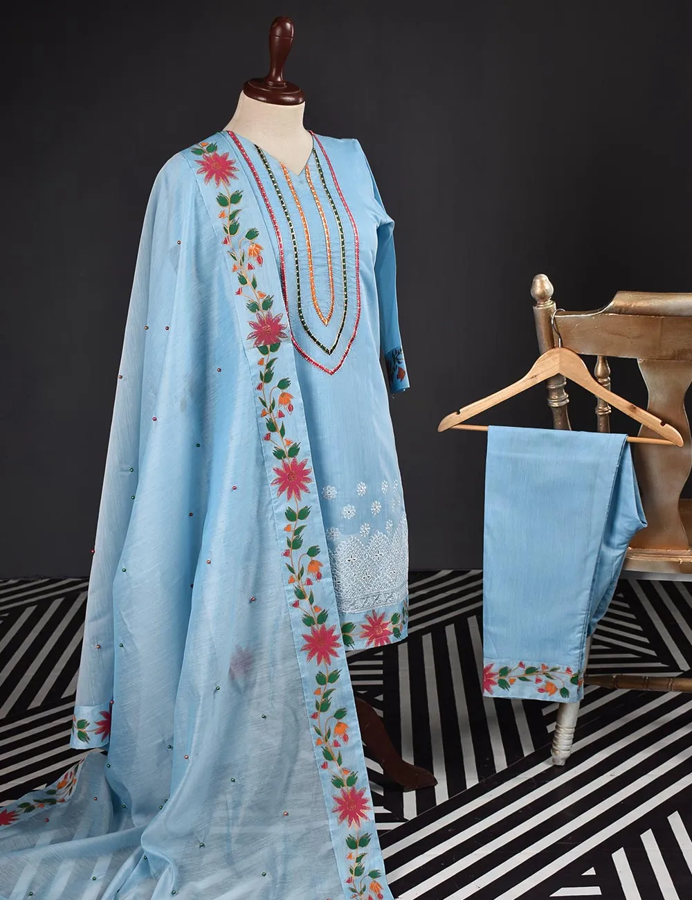 3 Pc Stitched Paper Cotton Chikankari Embroidered Dress with Beautiful Printed Borders - Charismatic Vibes (RTW-6-GreyishBlue)