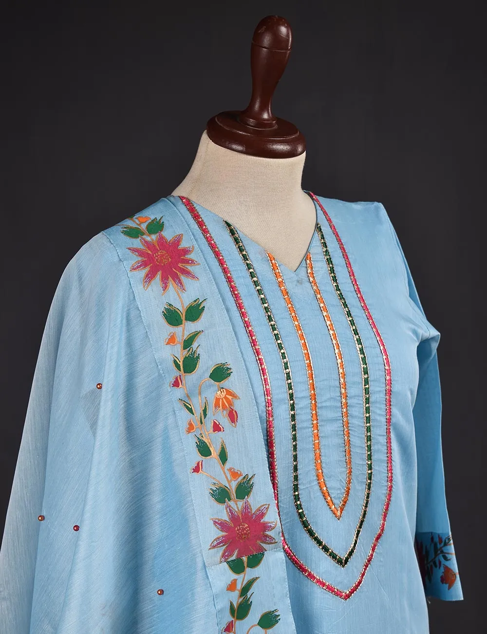 3 Pc Stitched Paper Cotton Chikankari Embroidered Dress with Beautiful Printed Borders - Charismatic Vibes (RTW-6-GreyishBlue)