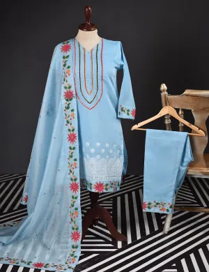 3 Pc Stitched Paper Cotton Chikankari Embroidered Dress with Beautiful Printed Borders - Charismatic Vibes (RTW-6-GreyishBlue)