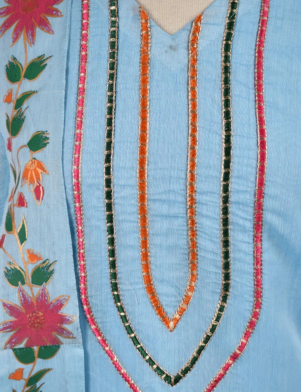 3 Pc Stitched Paper Cotton Chikankari Embroidered Dress with Beautiful Printed Borders - Charismatic Vibes (RTW-6-GreyishBlue)