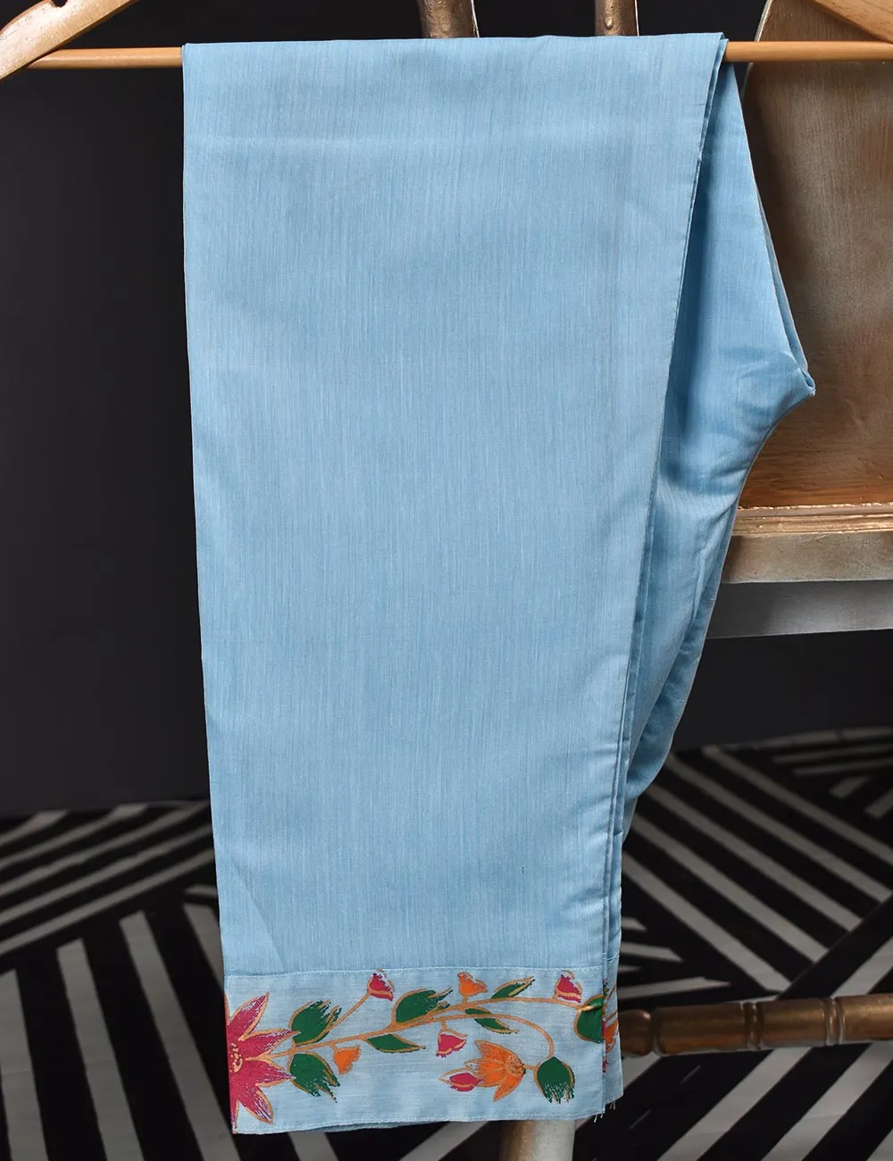 3 Pc Stitched Paper Cotton Chikankari Embroidered Dress with Beautiful Printed Borders - Charismatic Vibes (RTW-6-GreyishBlue)