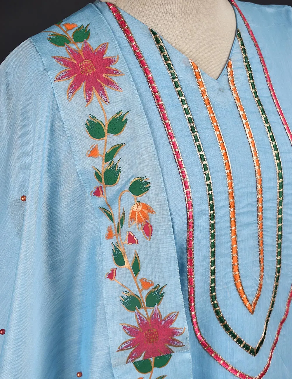 3 Pc Stitched Paper Cotton Chikankari Embroidered Dress with Beautiful Printed Borders - Charismatic Vibes (RTW-6-GreyishBlue)