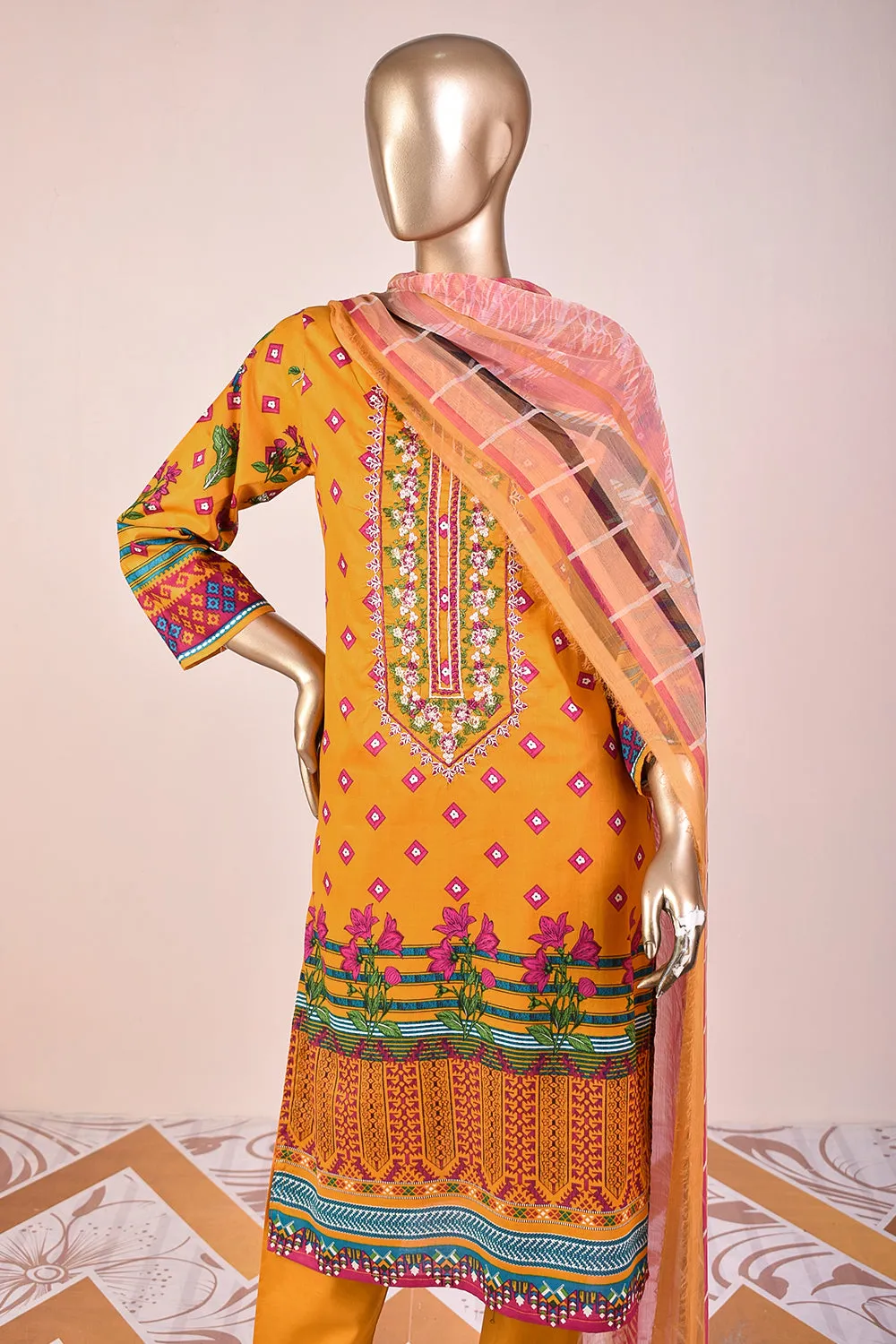 3 Pc Unstitched Embroidered Lawn Dress with Chiffon Printed Dupatta - Tangerine (JEL-08)