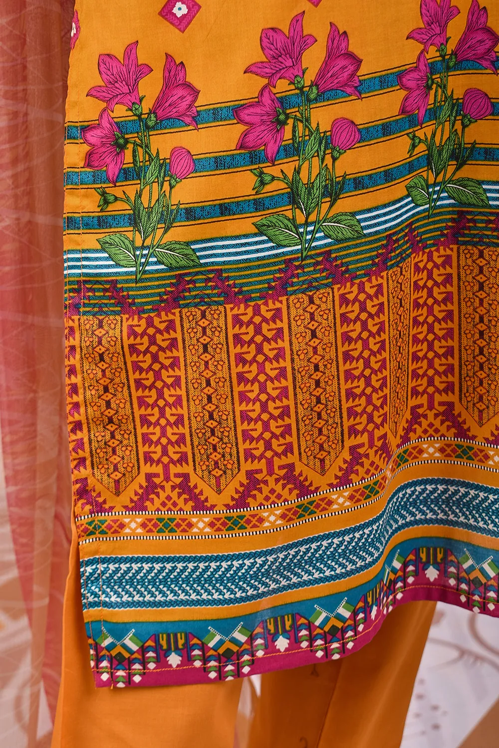 3 Pc Unstitched Embroidered Lawn Dress with Chiffon Printed Dupatta - Tangerine (JEL-08)