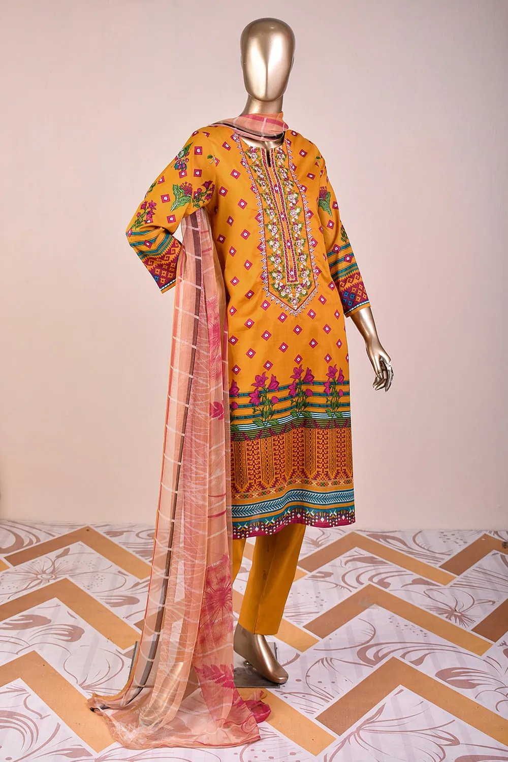 3 Pc Unstitched Embroidered Lawn Dress with Chiffon Printed Dupatta - Tangerine (JEL-08)