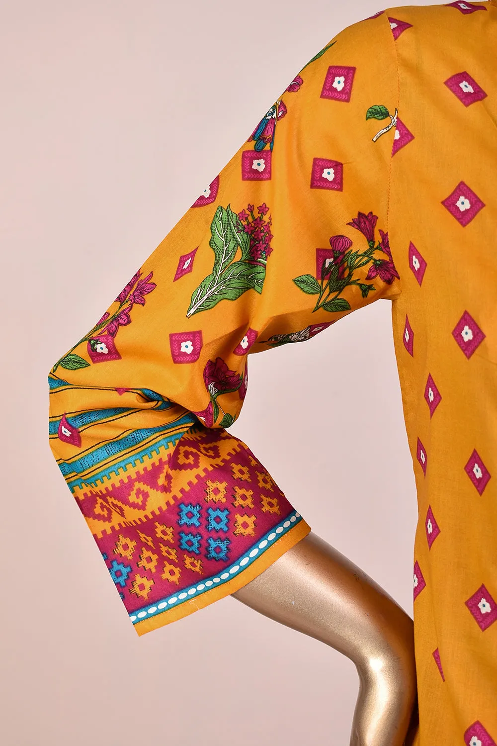 3 Pc Unstitched Embroidered Lawn Dress with Chiffon Printed Dupatta - Tangerine (JEL-08)