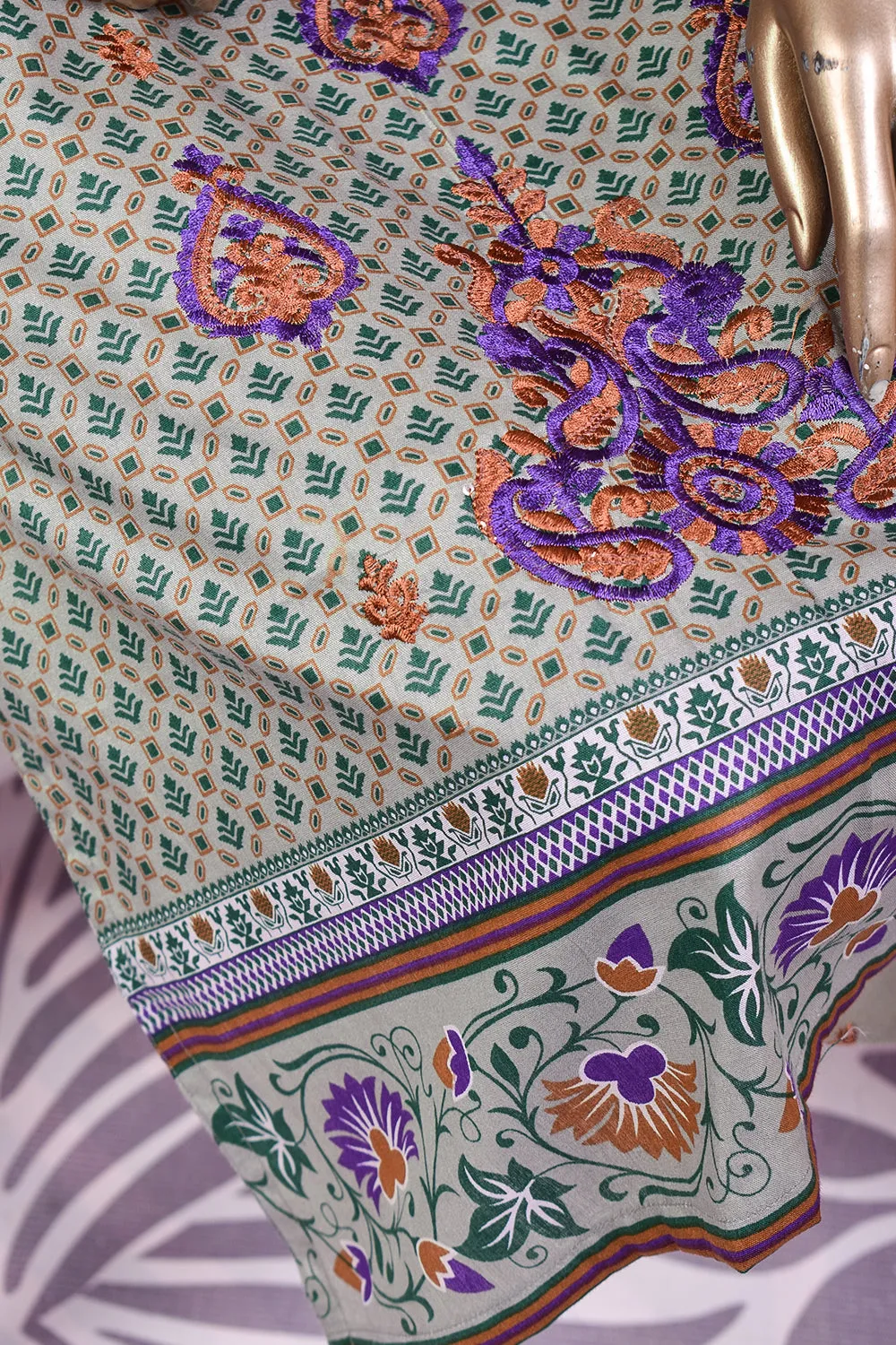 3 Pc Unstitched Embroidered Lawn Dress with Lawn Printed Dupatta & Embroidered Cotton Trouser - Bright Sunshine (ZLE-1B)