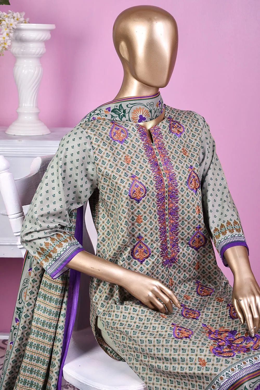 3 Pc Unstitched Embroidered Lawn Dress with Lawn Printed Dupatta & Embroidered Cotton Trouser - Bright Sunshine (ZLE-1B)