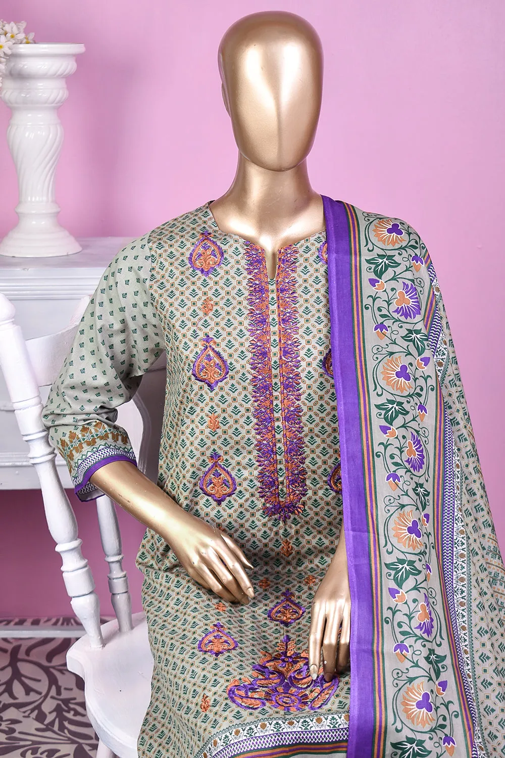 3 Pc Unstitched Embroidered Lawn Dress with Lawn Printed Dupatta & Embroidered Cotton Trouser - Bright Sunshine (ZLE-1B)