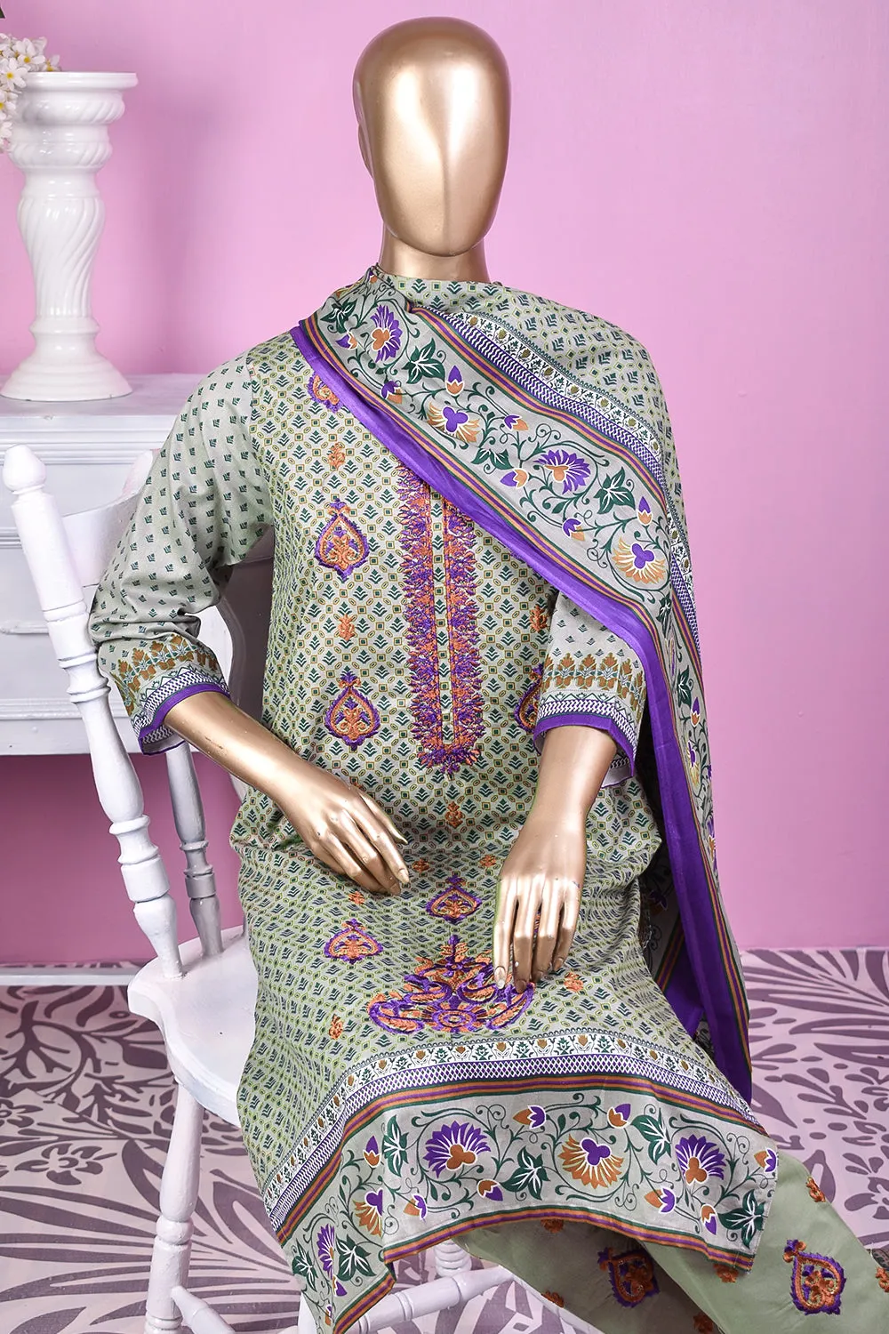 3 Pc Unstitched Embroidered Lawn Dress with Lawn Printed Dupatta & Embroidered Cotton Trouser - Bright Sunshine (ZLE-1B)