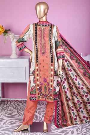 3 Pc Unstitched Embroidered Lawn Dress with Lawn Printed Dupatta & Embroidered Cotton Trouser - Minin (ZLE-2A)