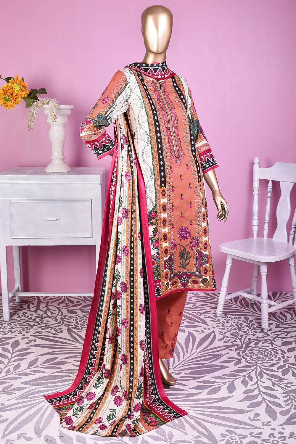 3 Pc Unstitched Embroidered Lawn Dress with Lawn Printed Dupatta & Embroidered Cotton Trouser - Minin (ZLE-2A)