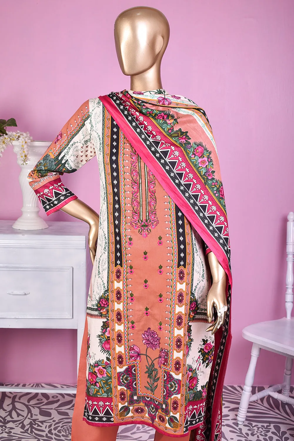 3 Pc Unstitched Embroidered Lawn Dress with Lawn Printed Dupatta & Embroidered Cotton Trouser - Minin (ZLE-2A)