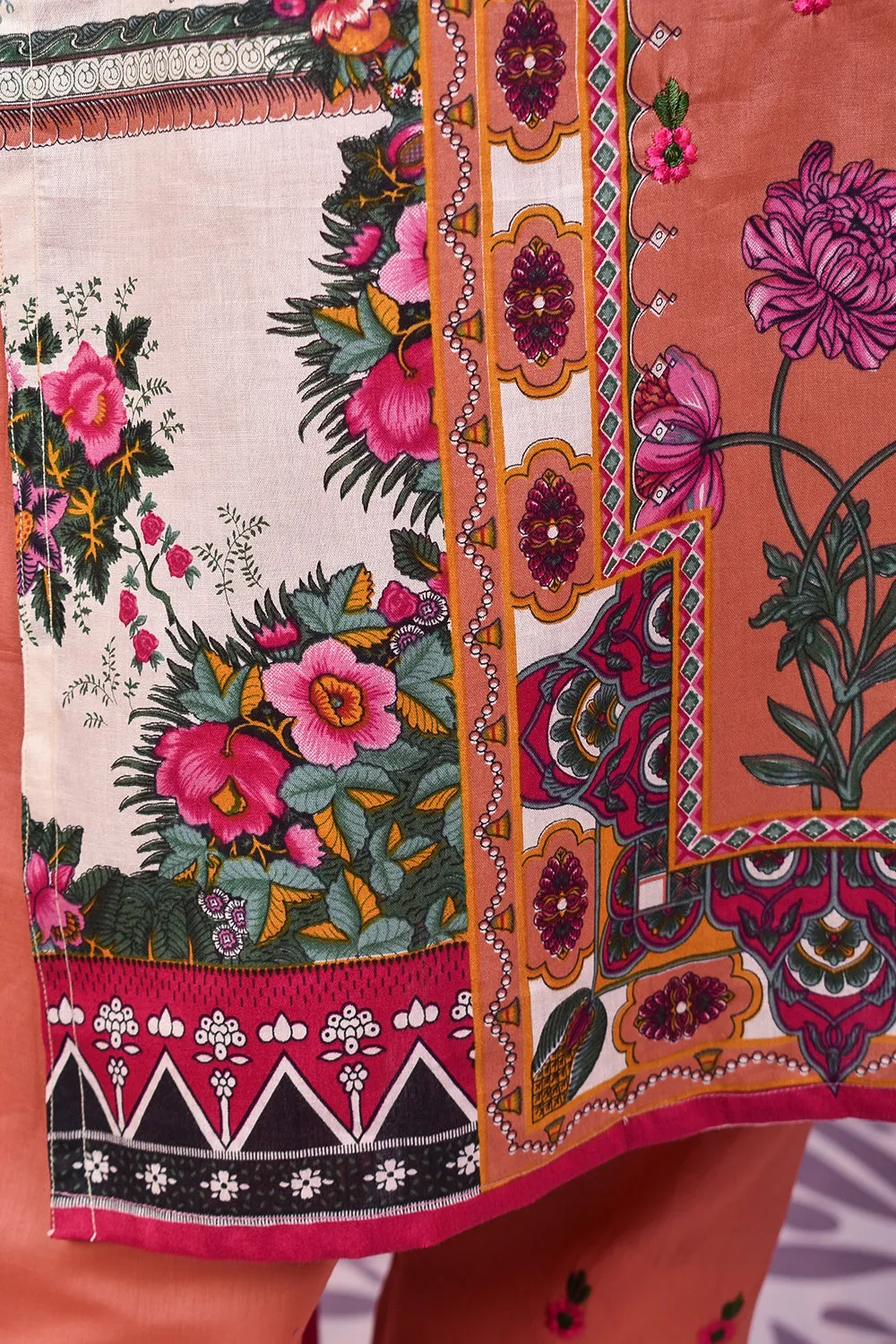 3 Pc Unstitched Embroidered Lawn Dress with Lawn Printed Dupatta & Embroidered Cotton Trouser - Minin (ZLE-2A)
