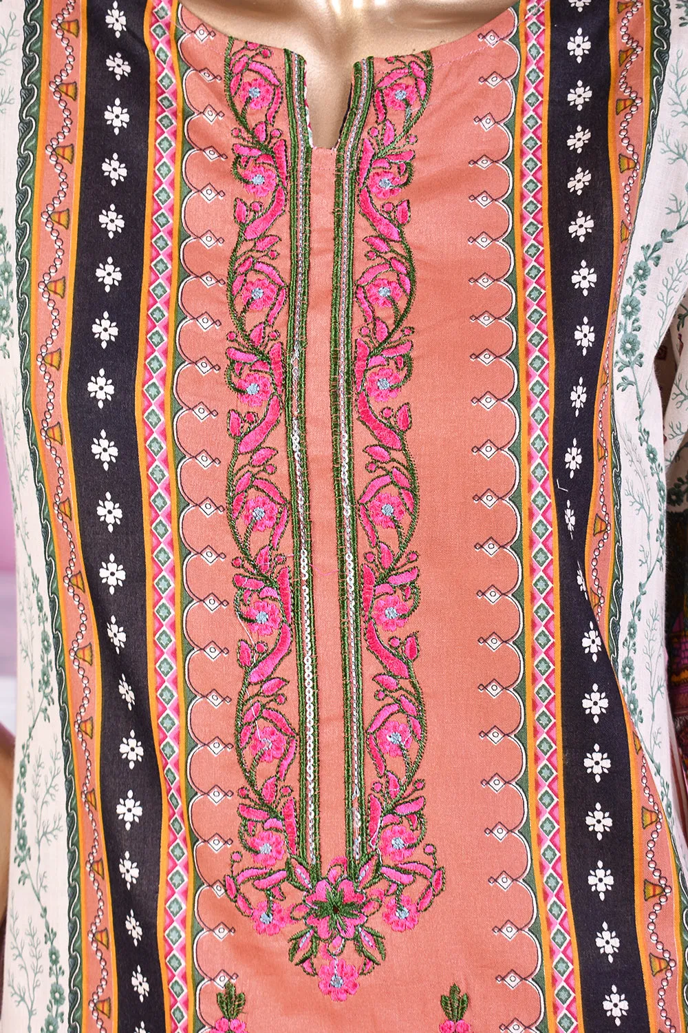 3 Pc Unstitched Embroidered Lawn Dress with Lawn Printed Dupatta & Embroidered Cotton Trouser - Minin (ZLE-2A)