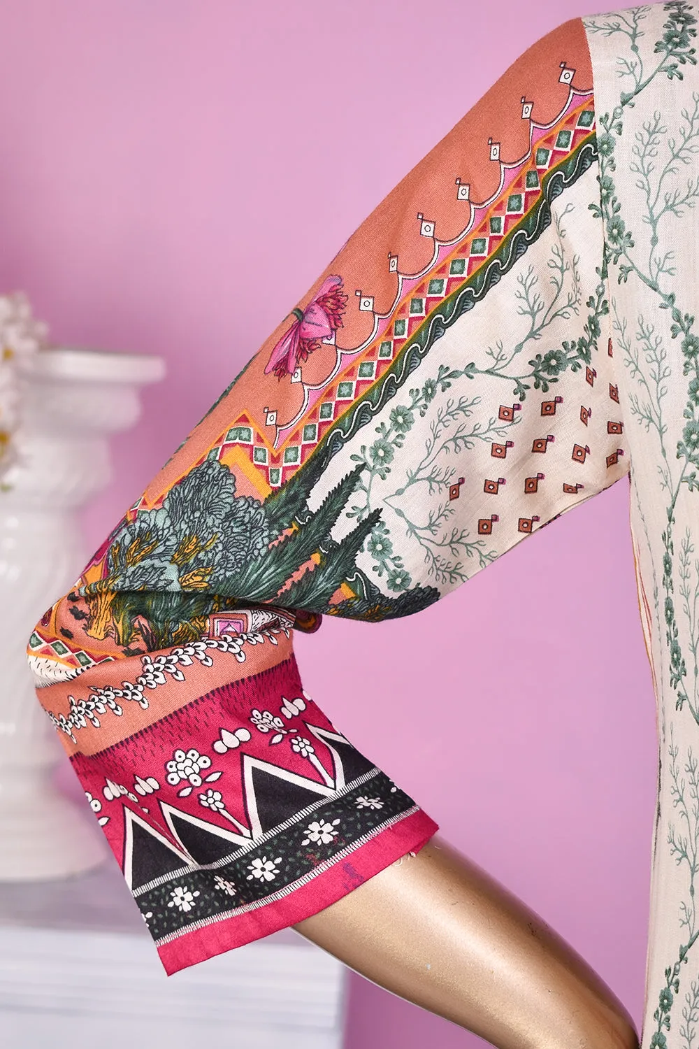 3 Pc Unstitched Embroidered Lawn Dress with Lawn Printed Dupatta & Embroidered Cotton Trouser - Minin (ZLE-2A)