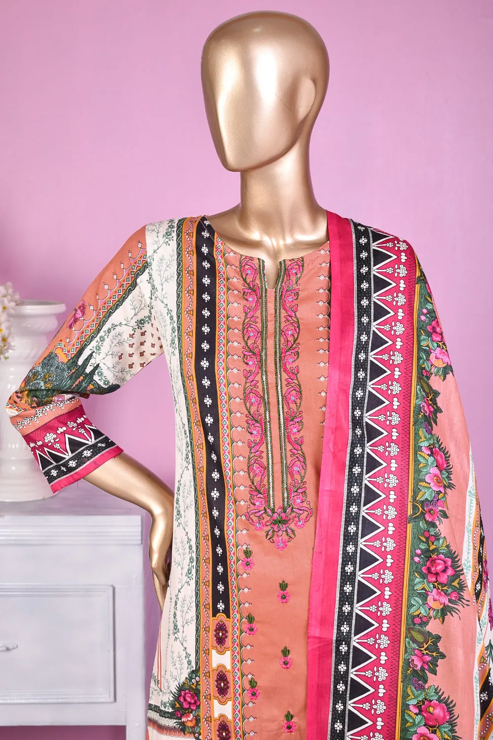 3 Pc Unstitched Embroidered Lawn Dress with Lawn Printed Dupatta & Embroidered Cotton Trouser - Minin (ZLE-2A)