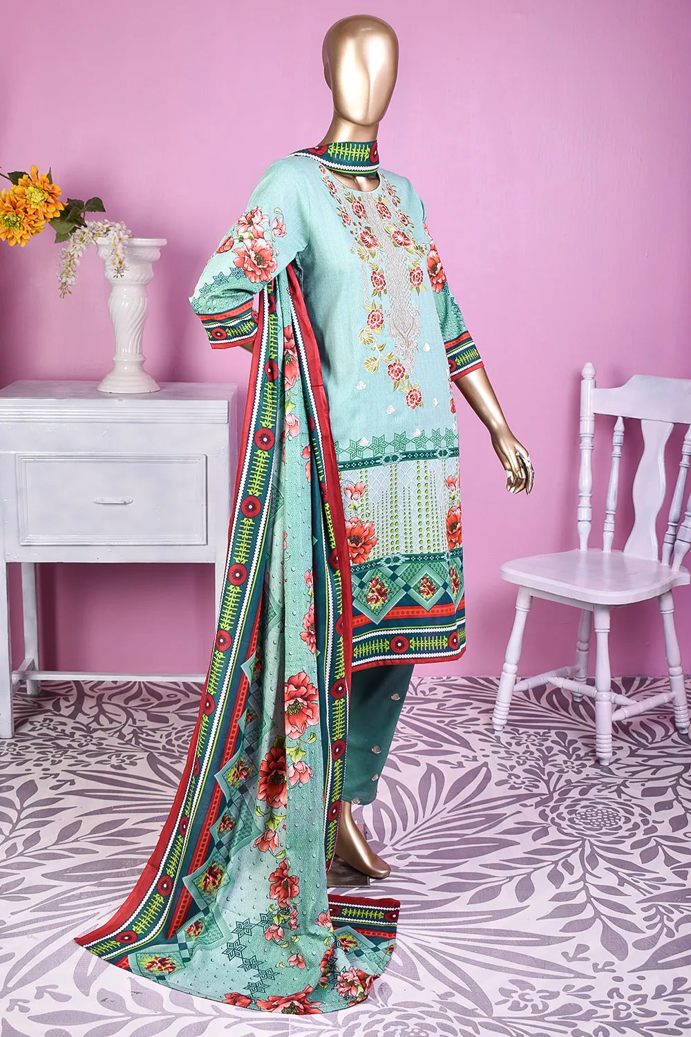 3 Pc Unstitched Embroidered Lawn Dress with Lawn Printed Dupatta & Embroidered Cotton Trouser - Wild Dream (ZLE-3A)
