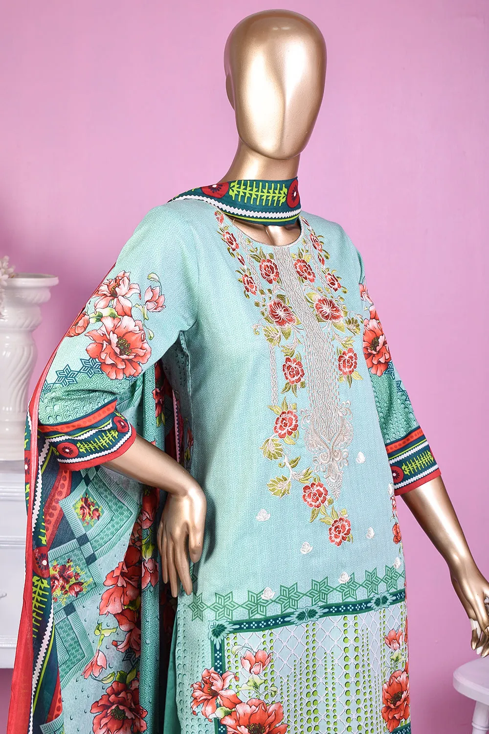 3 Pc Unstitched Embroidered Lawn Dress with Lawn Printed Dupatta & Embroidered Cotton Trouser - Wild Dream (ZLE-3A)