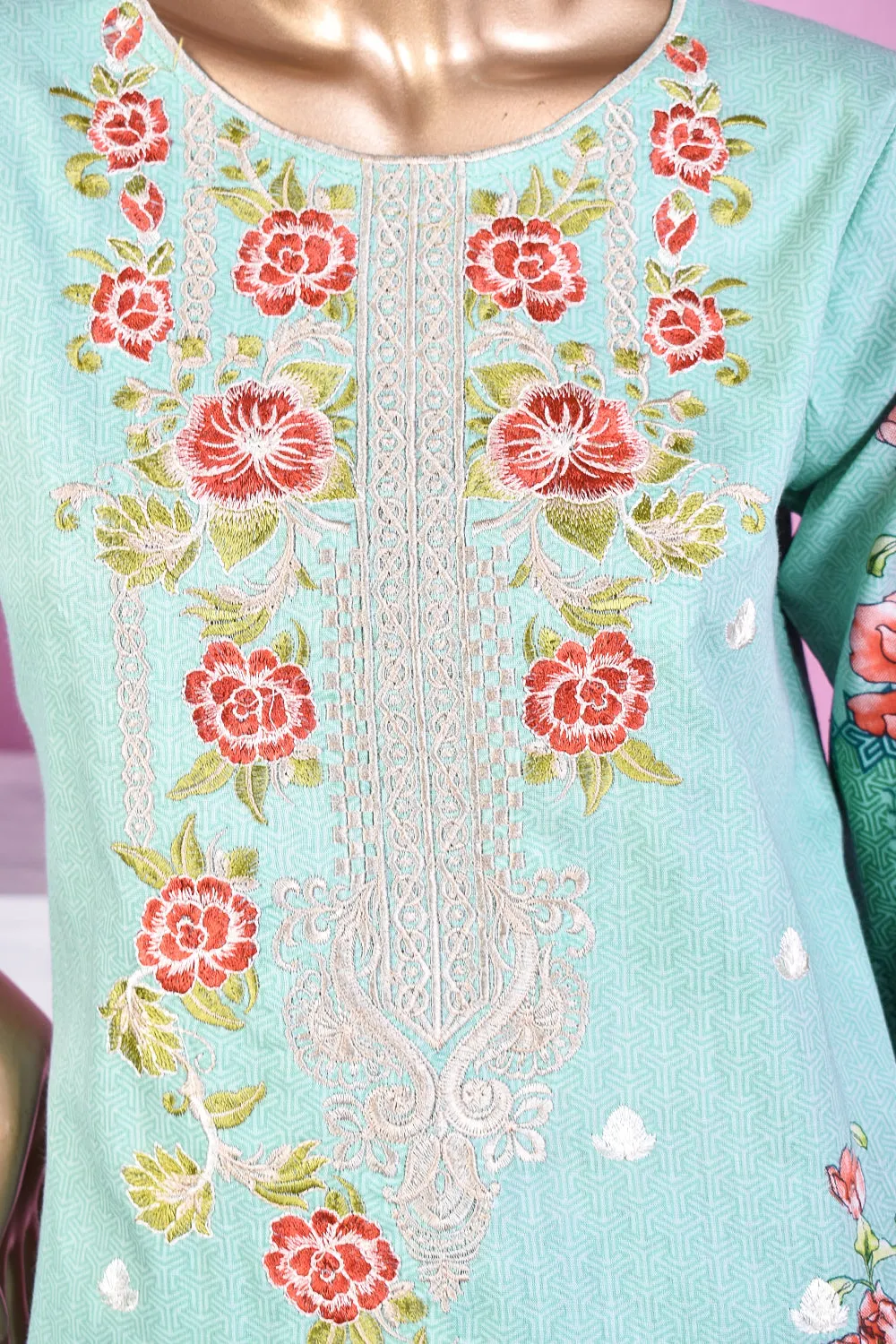 3 Pc Unstitched Embroidered Lawn Dress with Lawn Printed Dupatta & Embroidered Cotton Trouser - Wild Dream (ZLE-3A)