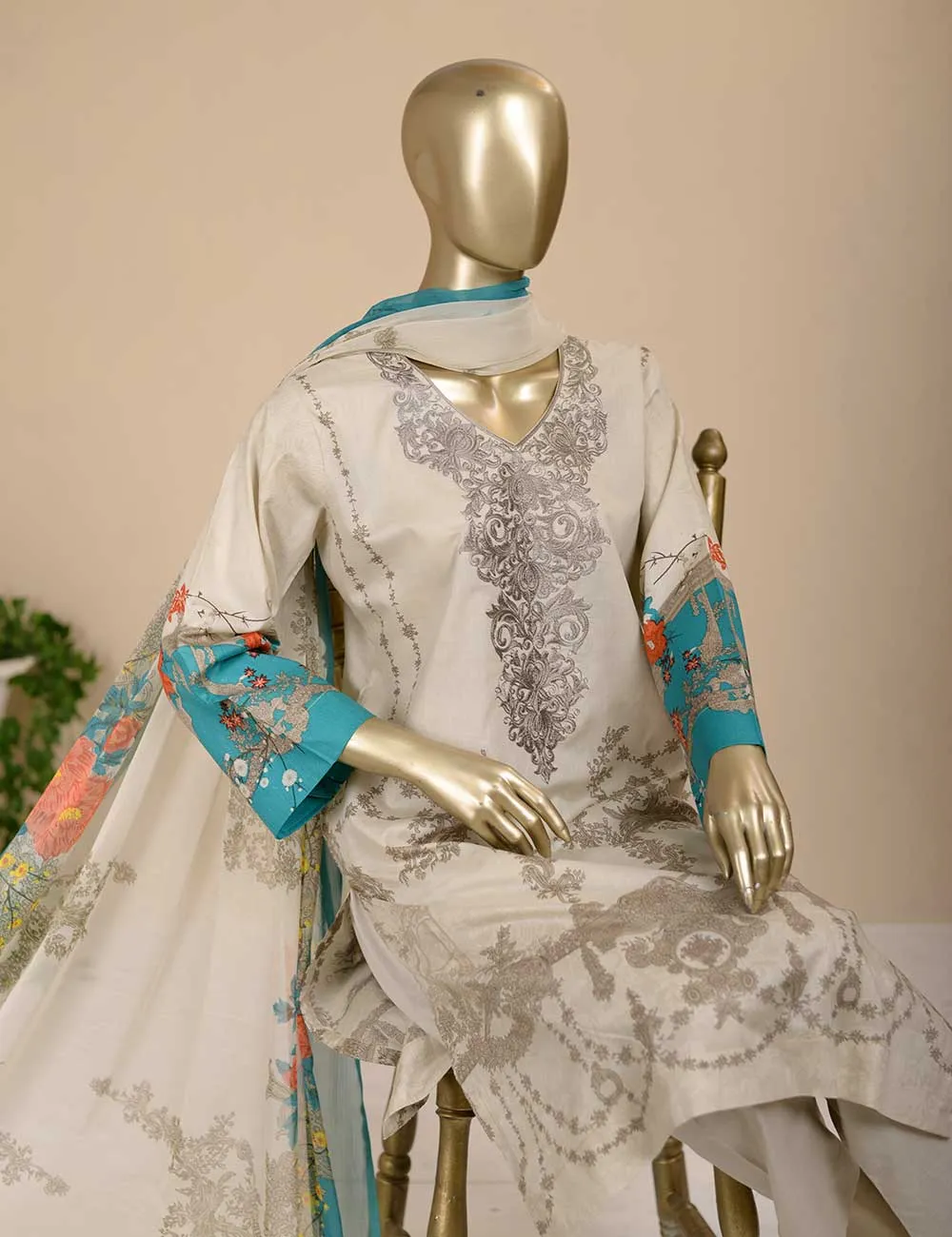 3 Pc Unstitched Lawn Embroidered Dress with Chiffon Dupatta - Blissful Affair (EC-4B)