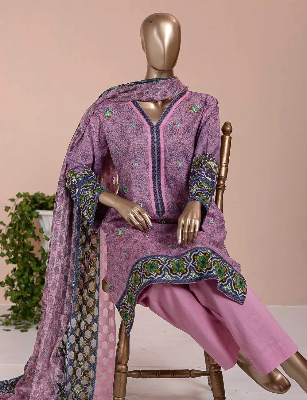 3 Pc Unstitched Lawn Embroidered Dress with Chiffon Dupatta - Empurple  - (FE-04)