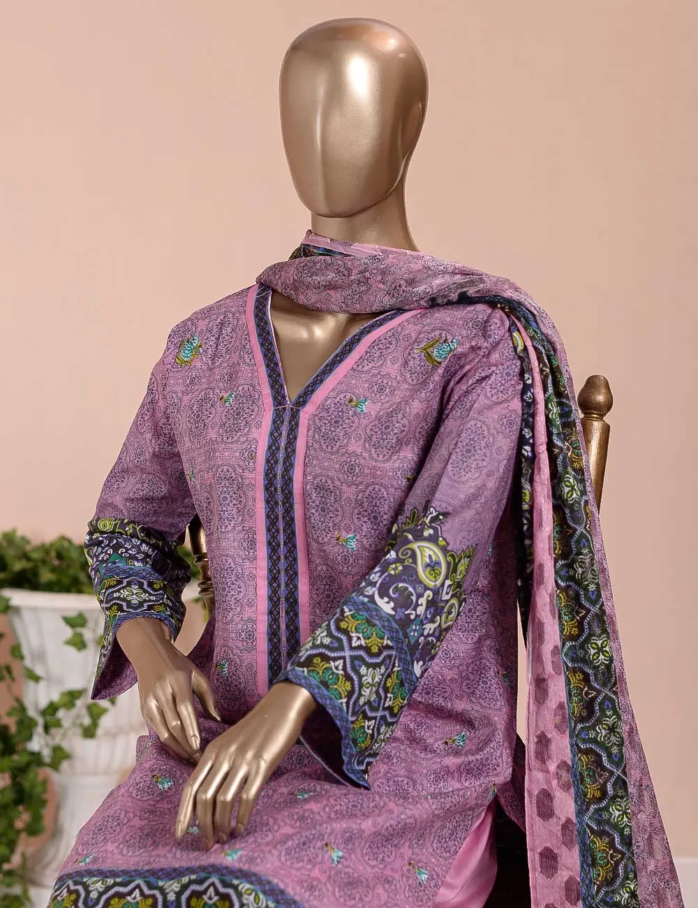3 Pc Unstitched Lawn Embroidered Dress with Chiffon Dupatta - Empurple  - (FE-04)