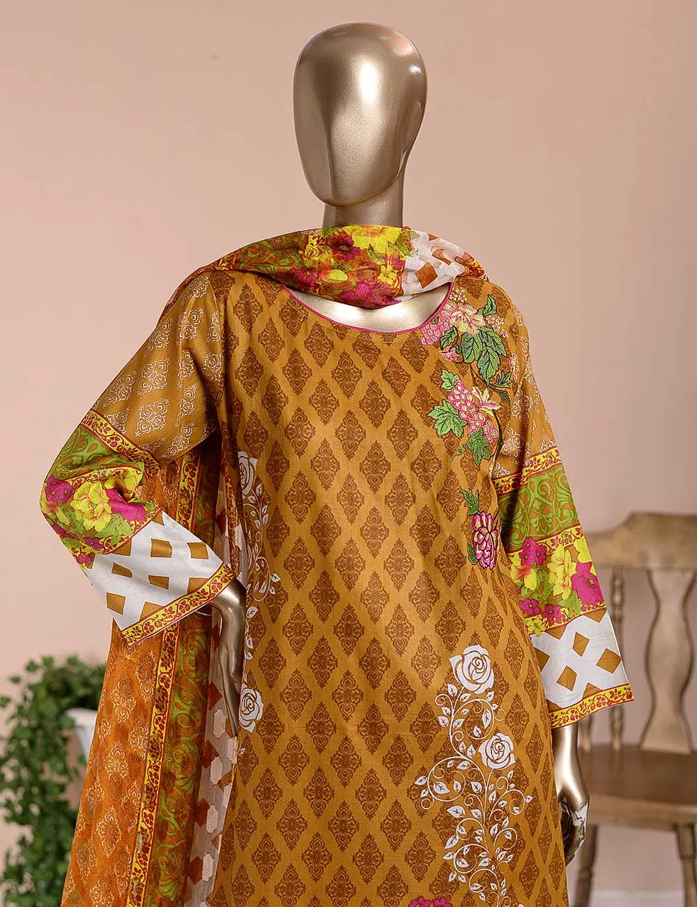 3 Pc Unstitched Lawn Embroidered Dress with Chiffon Dupatta - Peach Garden  - (FE-05)