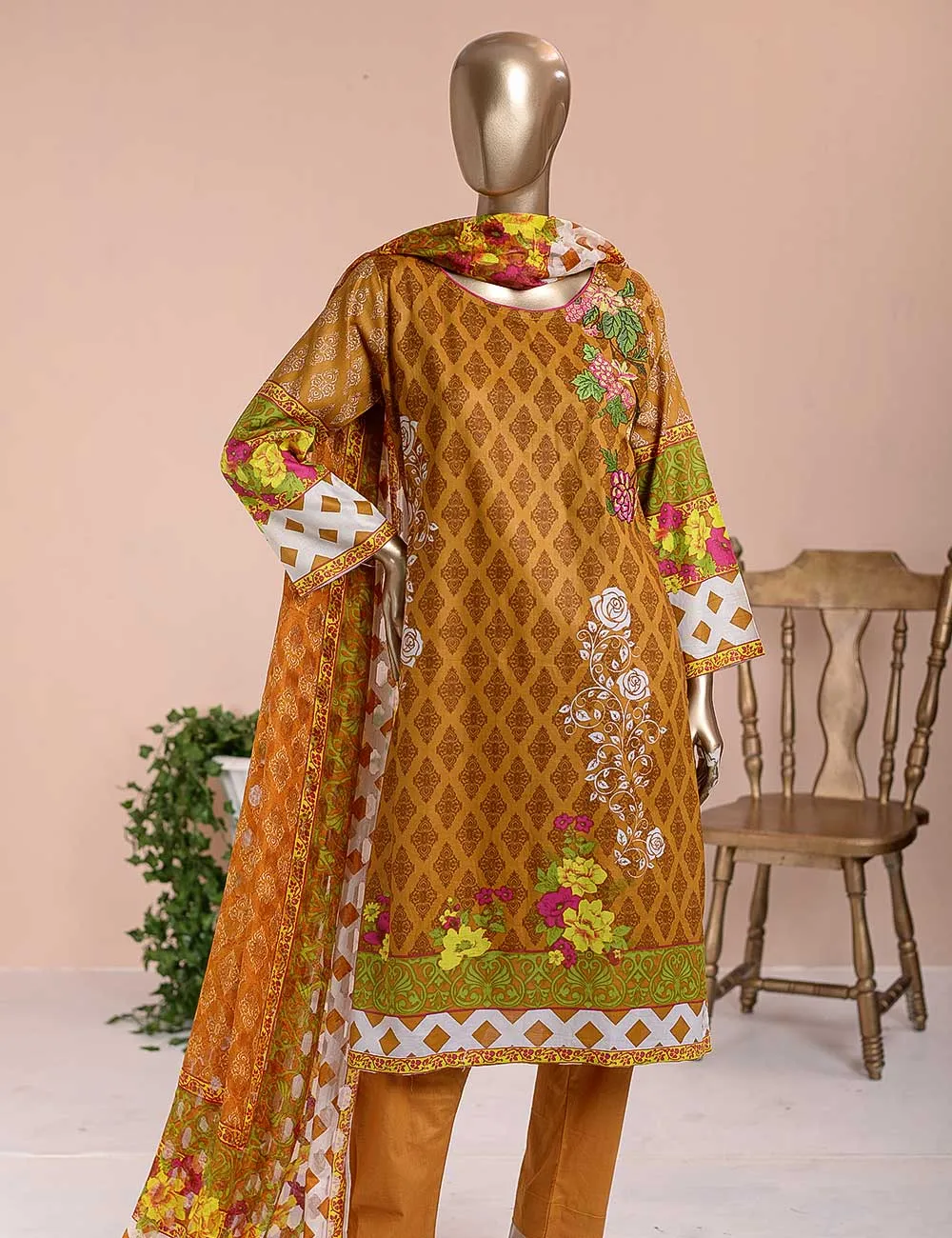 3 Pc Unstitched Lawn Embroidered Dress with Chiffon Dupatta - Peach Garden  - (FE-05)
