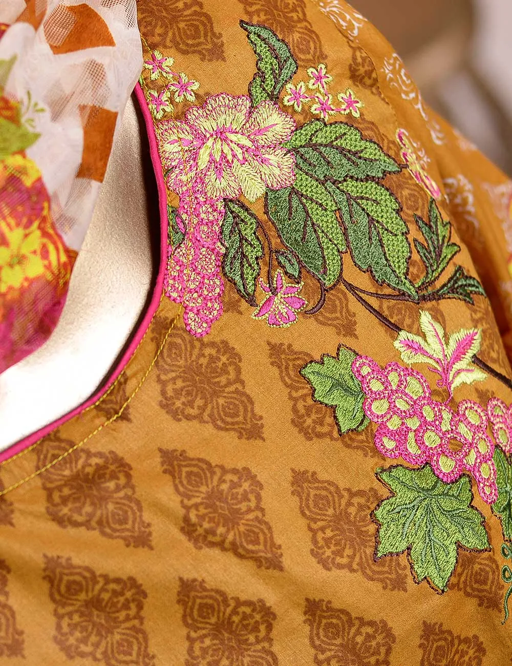 3 Pc Unstitched Lawn Embroidered Dress with Chiffon Dupatta - Peach Garden  - (FE-05)