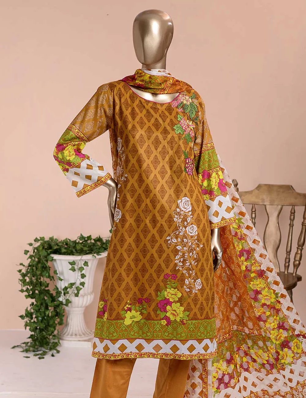 3 Pc Unstitched Lawn Embroidered Dress with Chiffon Dupatta - Peach Garden  - (FE-05)