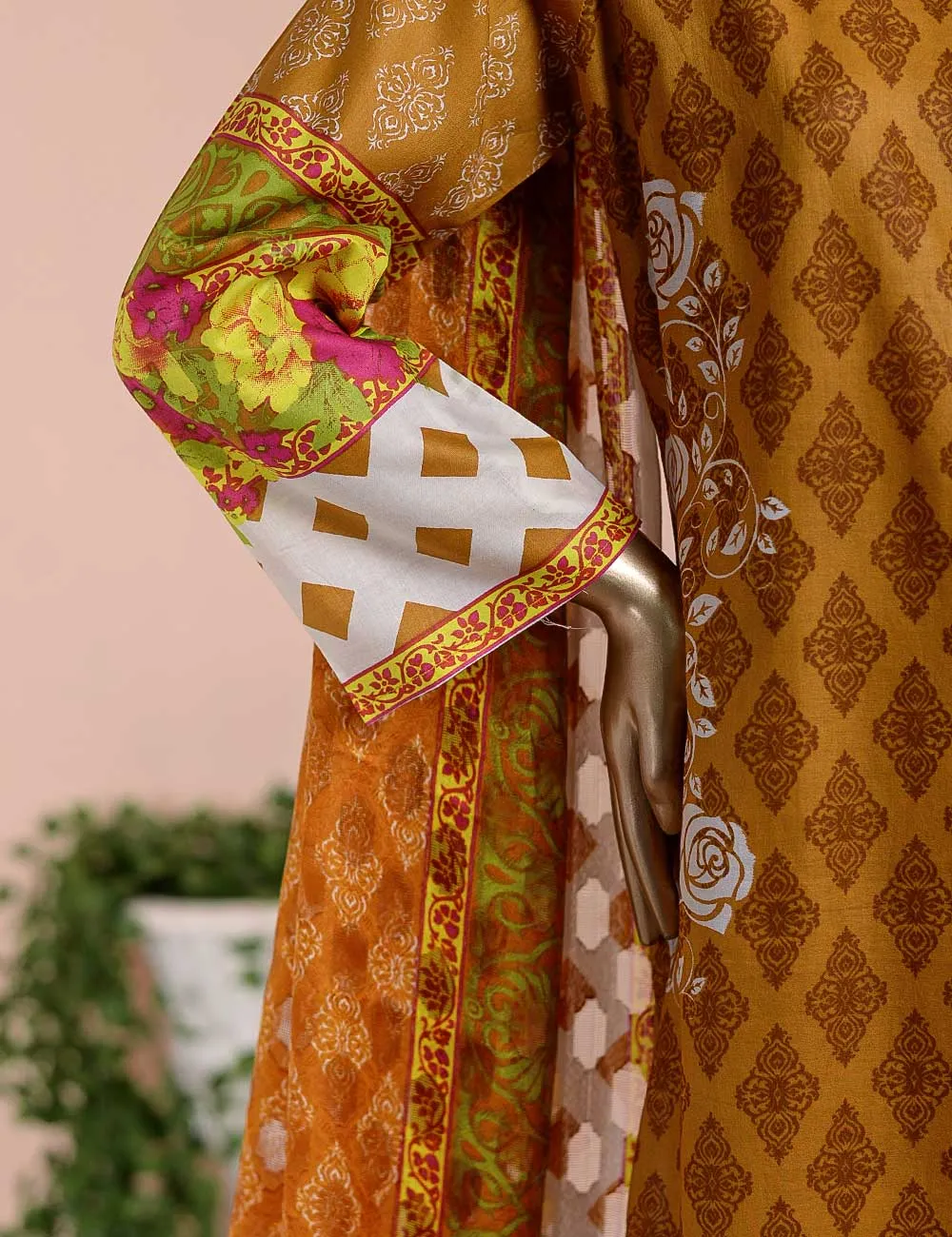 3 Pc Unstitched Lawn Embroidered Dress with Chiffon Dupatta - Peach Garden  - (FE-05)