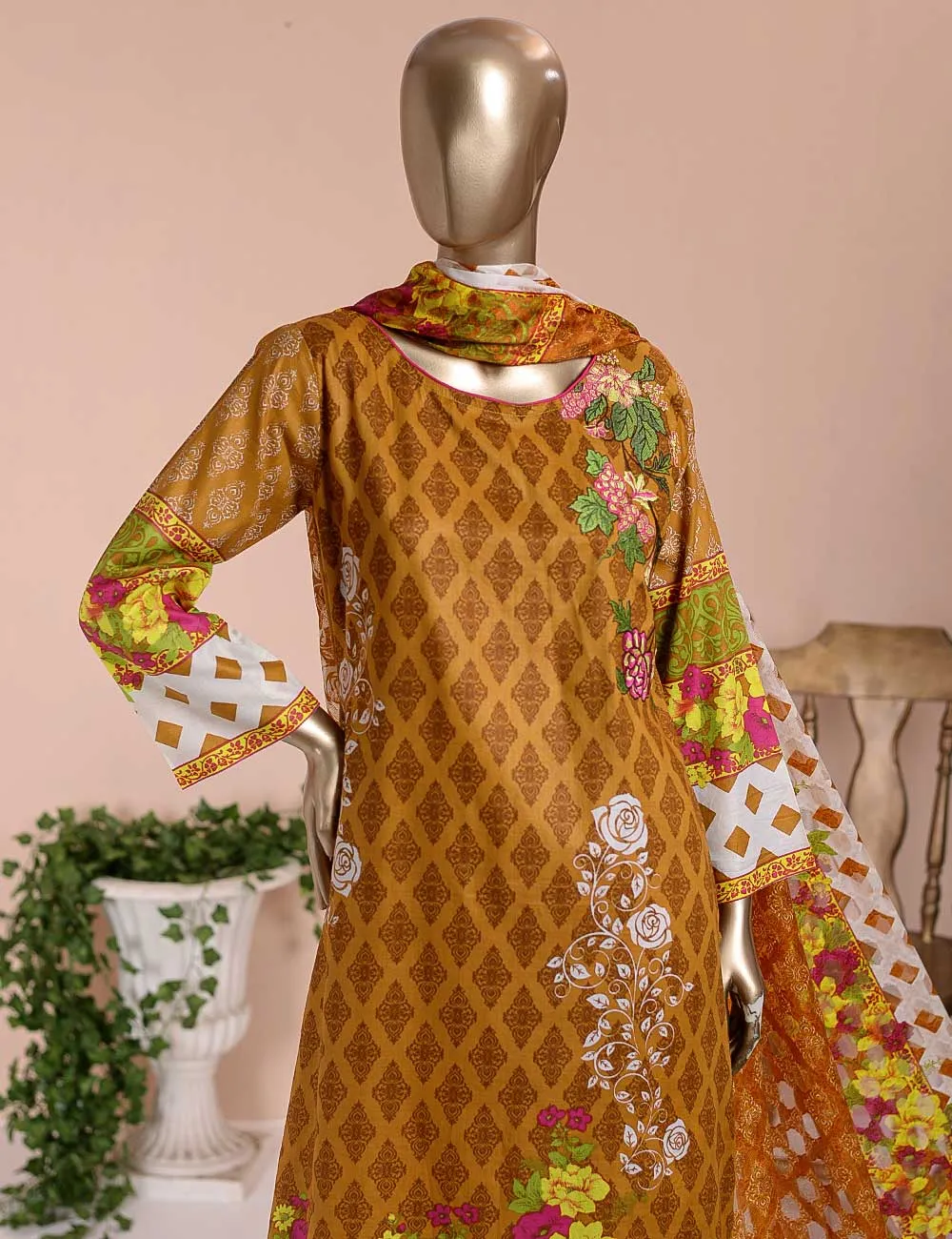 3 Pc Unstitched Lawn Embroidered Dress with Chiffon Dupatta - Peach Garden  - (FE-05)