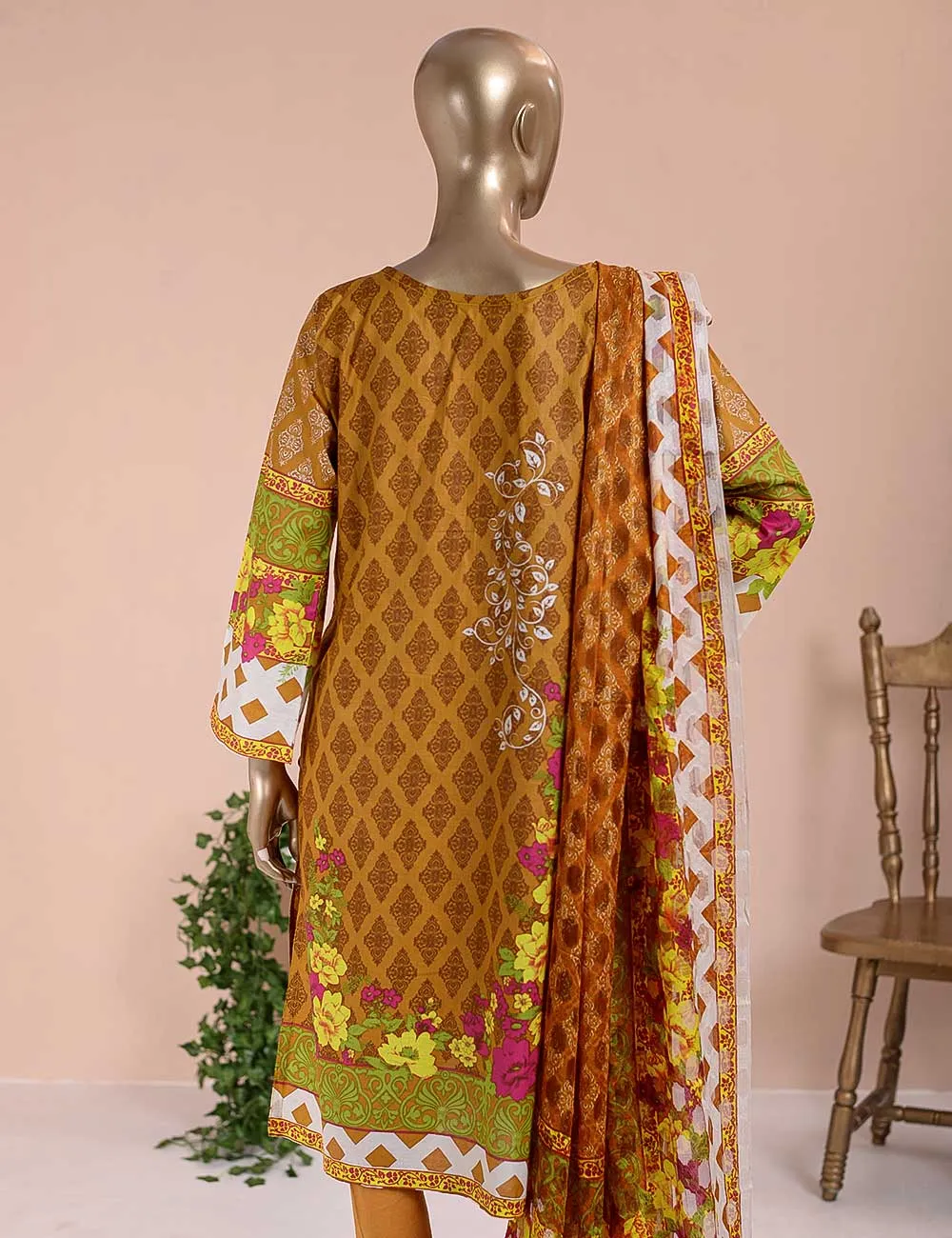 3 Pc Unstitched Lawn Embroidered Dress with Chiffon Dupatta - Peach Garden  - (FE-05)