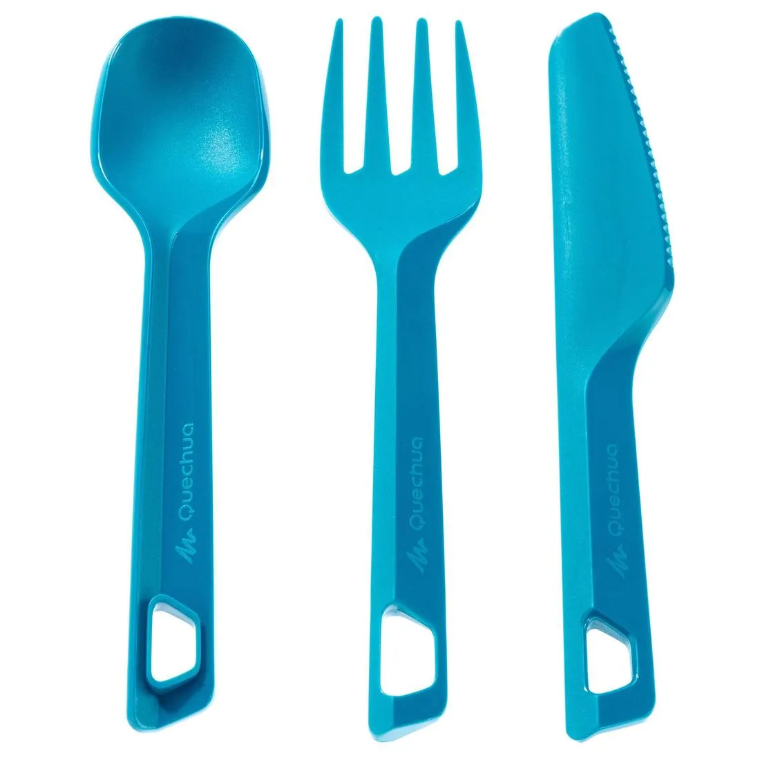 3-piece cutlery set (knife, fork, spoon) for camping in blue plastic
