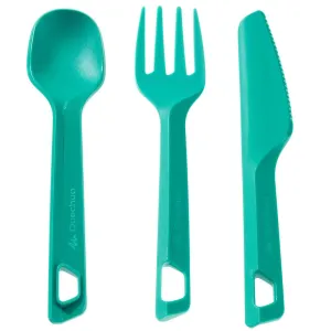 3-piece cutlery set (knife, fork, spoon) for camping in blue plastic