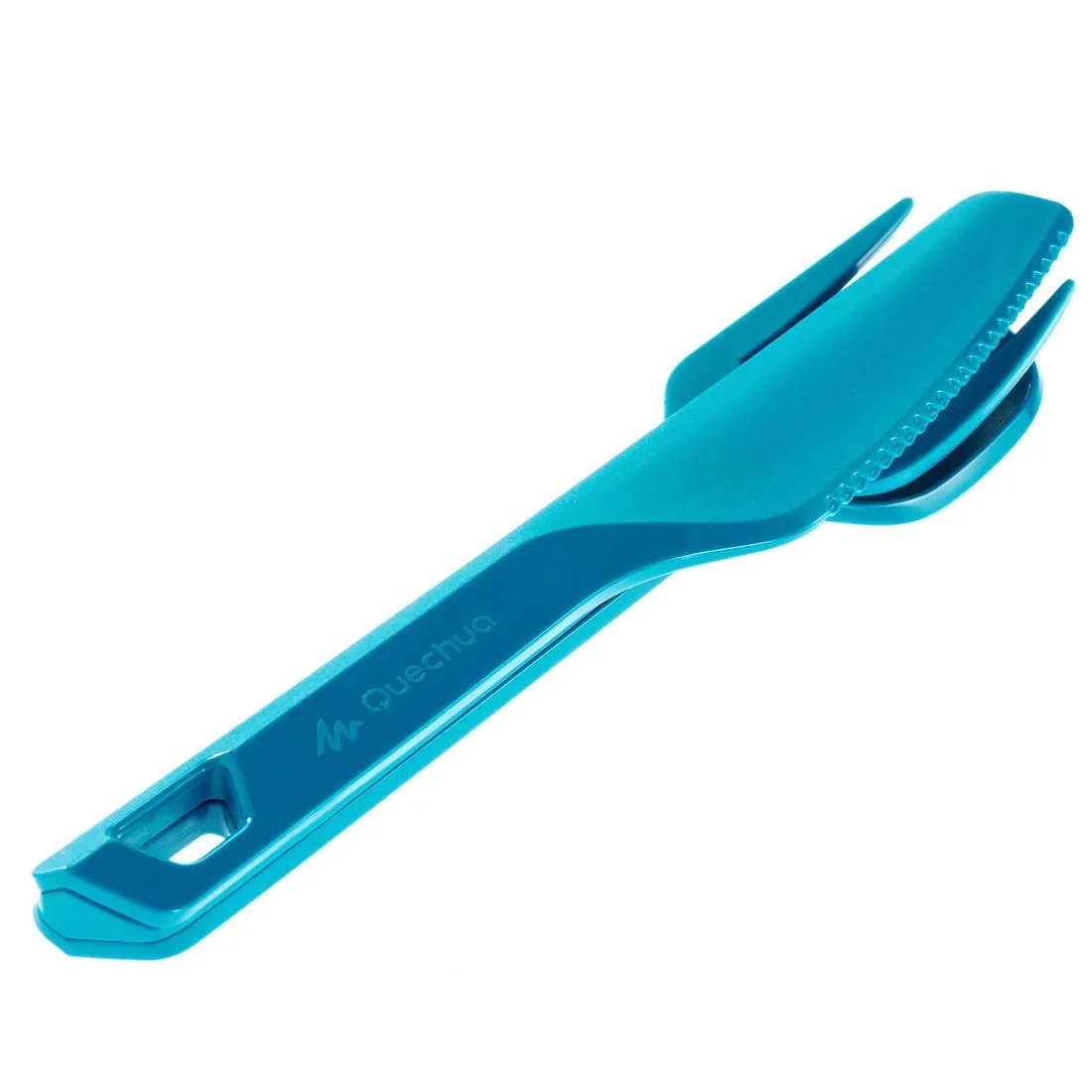 3-piece cutlery set (knife, fork, spoon) for camping in blue plastic