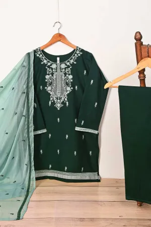 3SP-16B-Green - 3PC COTTON EMBROIDERED Dress With Chiffon Embroidered Dupatta