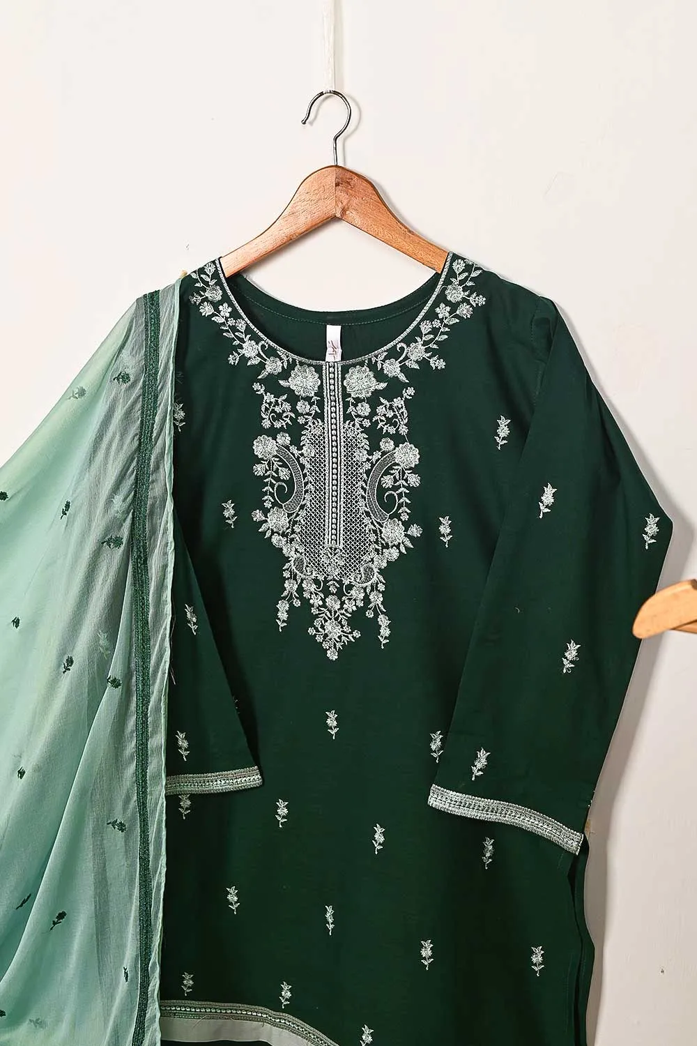 3SP-16B-Green - 3PC COTTON EMBROIDERED Dress With Chiffon Embroidered Dupatta