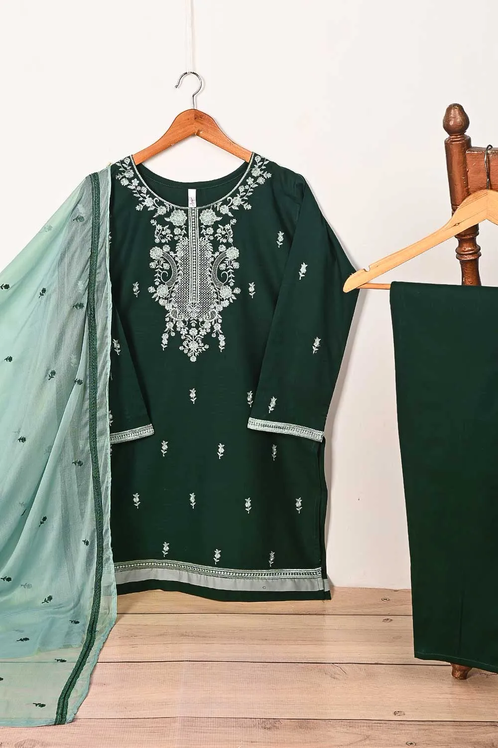 3SP-16B-Green - 3PC COTTON EMBROIDERED Dress With Chiffon Embroidered Dupatta