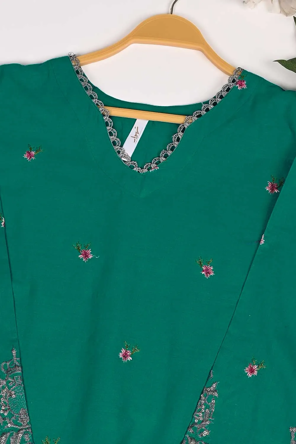 3SP-17A-Green - 3PC COTTON EMBROIDERED Dress With Chiffon Embroidered Dupatta