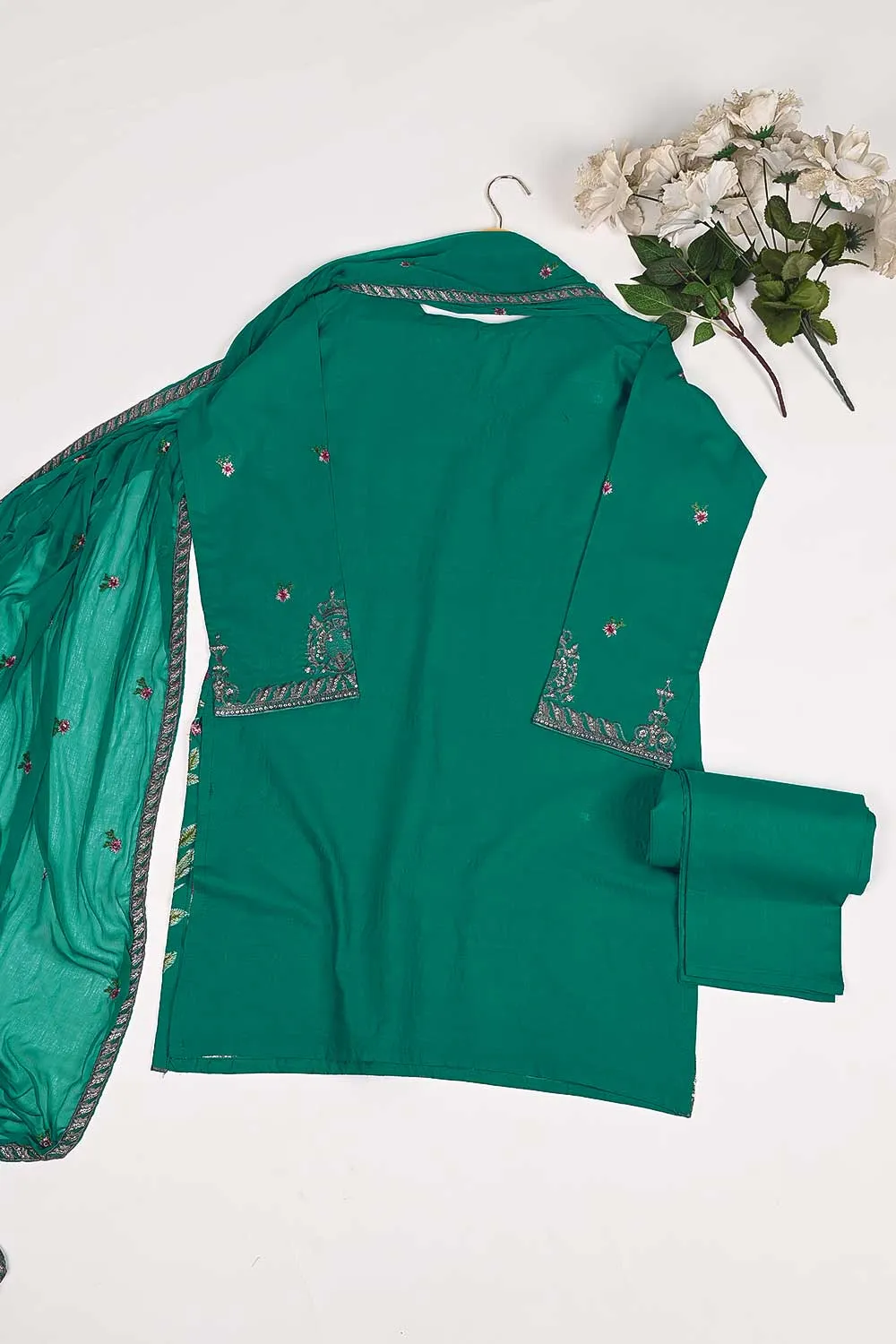 3SP-17A-Green - 3PC COTTON EMBROIDERED Dress With Chiffon Embroidered Dupatta
