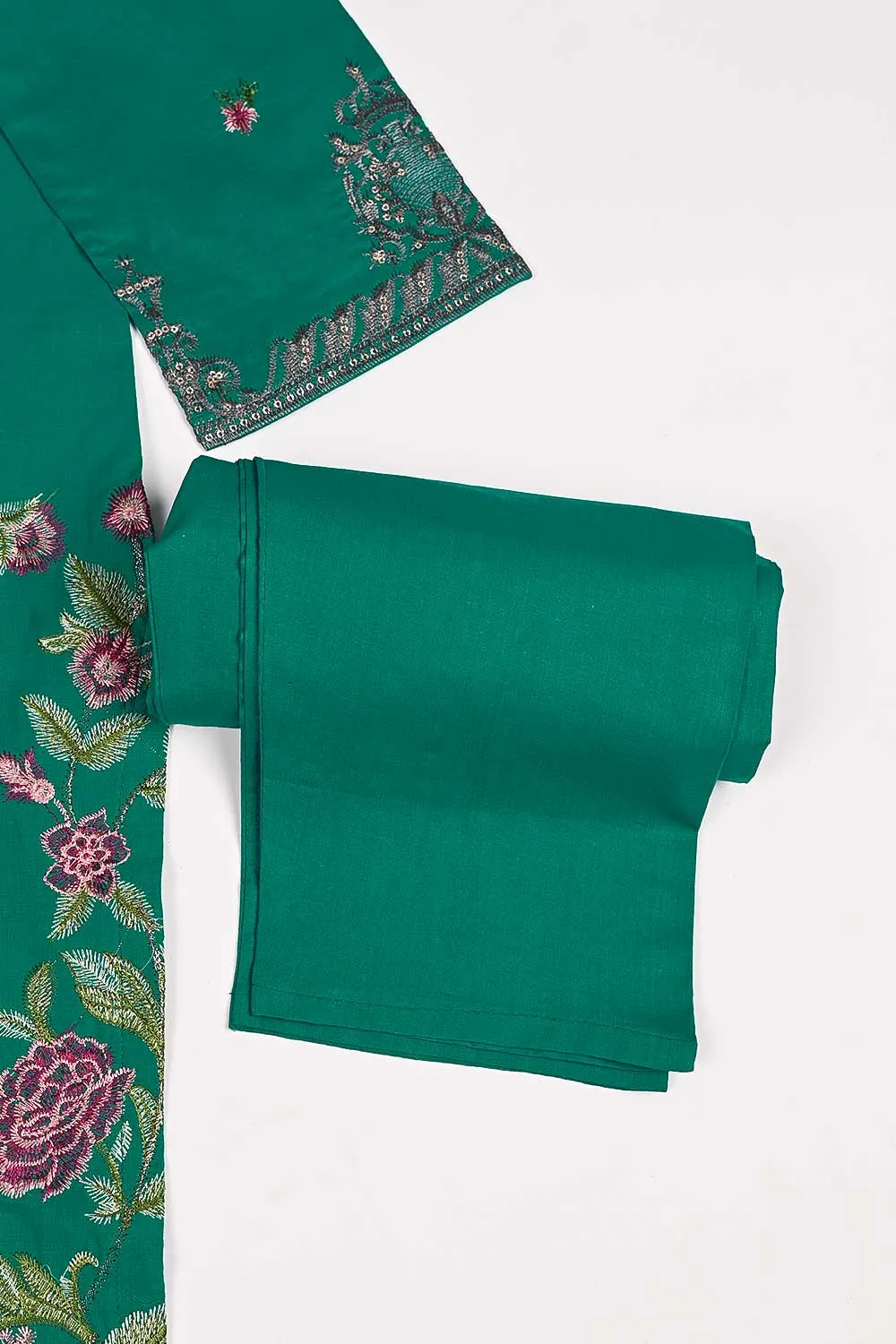 3SP-17A-Green - 3PC COTTON EMBROIDERED Dress With Chiffon Embroidered Dupatta