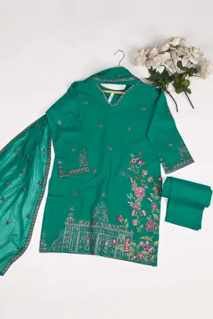 3SP-17A-Green - 3PC COTTON EMBROIDERED Dress With Chiffon Embroidered Dupatta